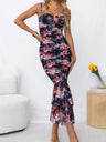 Printed Gathering Camisoles V-neck Ruffle Maxi Dresses