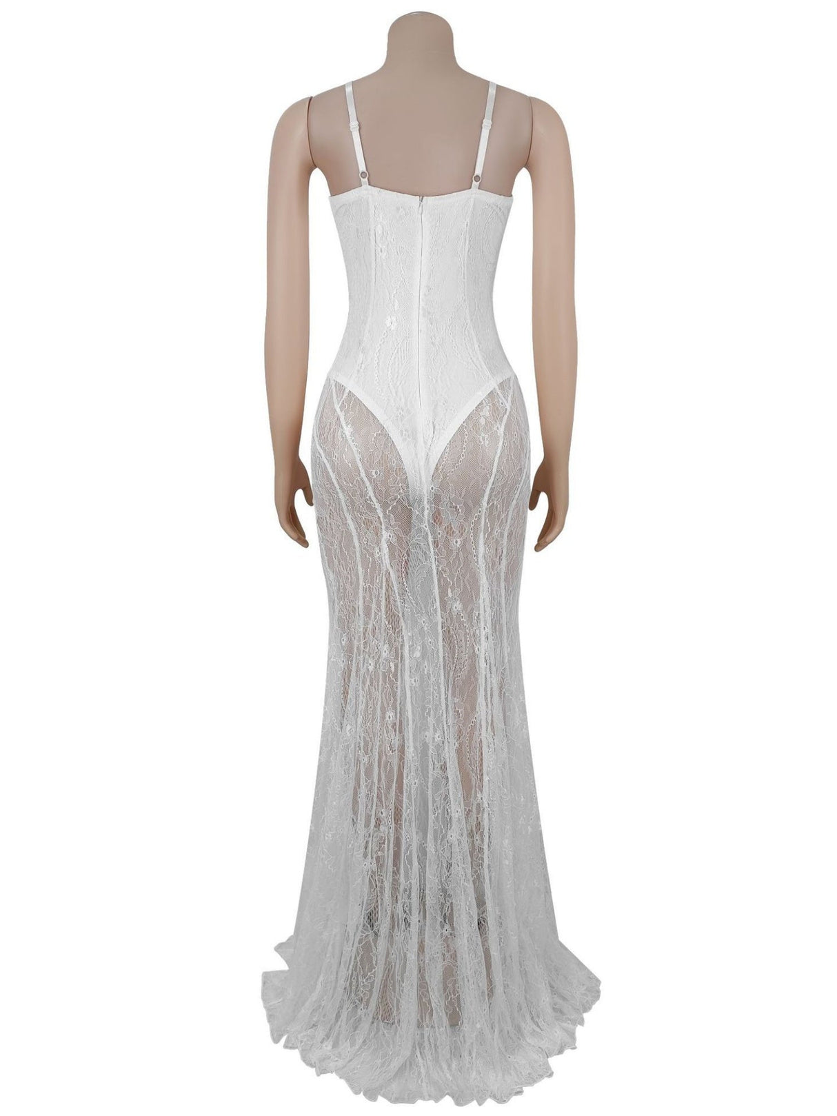 Abendkleid mit Spitzenbesatz, durchsichtiges rückenfreies Camisole, Maxikleid