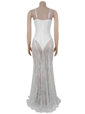 Abendkleid mit Spitzenbesatz, durchsichtiges rückenfreies Camisole, Maxikleid