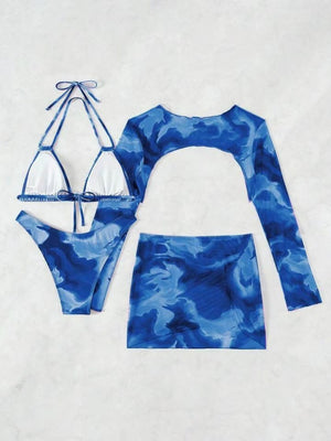 Tie-dye Print Bikini Long-sleeved Cover-up Multi-piece Set