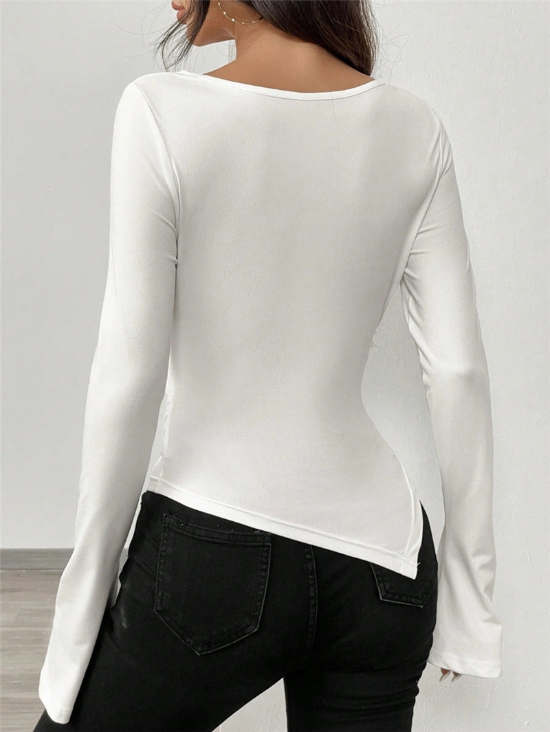 V-neck, Off-shoulder, Two-way Design, Slim Fit, Pleated, Irregular Long-sleeved T-shirt