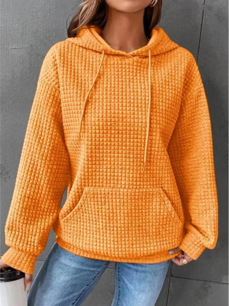 Waffle Drawstring Pocket Round Neck Long Sleeve Hoodie