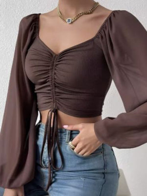 V-neck Spliced Chiffon Drawstring Lantern Sleeves Sweet T-shirts