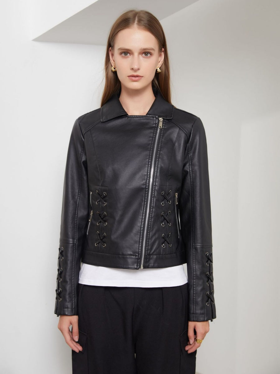 Weaving Bandage Leisure Leather Jacket