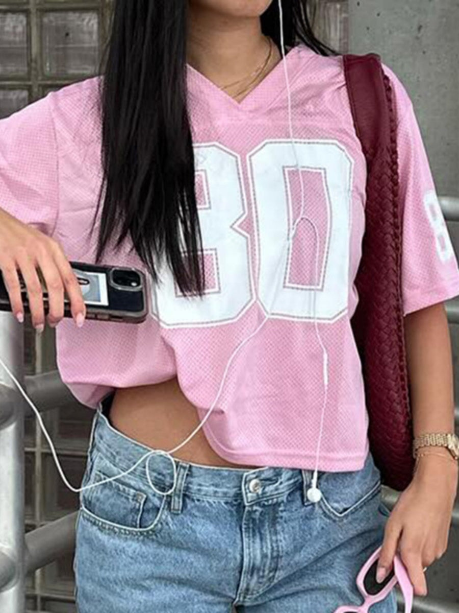 Contrasting Colors Number V-neck, Loose, Casual Basic T-shirts