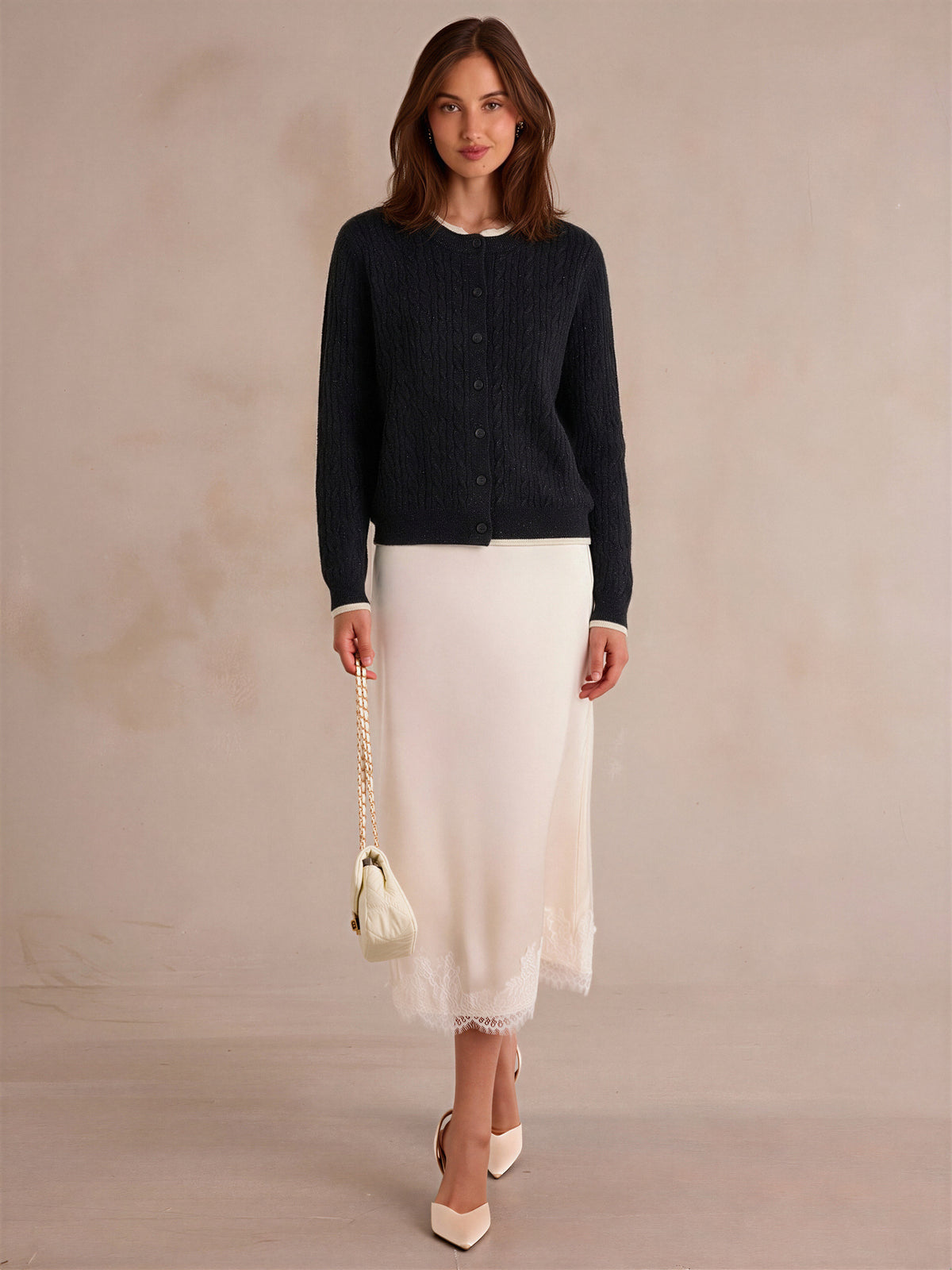 Cable Knit Color-blocked Trim Faux Two-piece Round Neck Knit Cardigan
