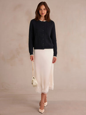 Cable Knit Color-blocked Trim Faux Two-piece Round Neck Knit Cardigan