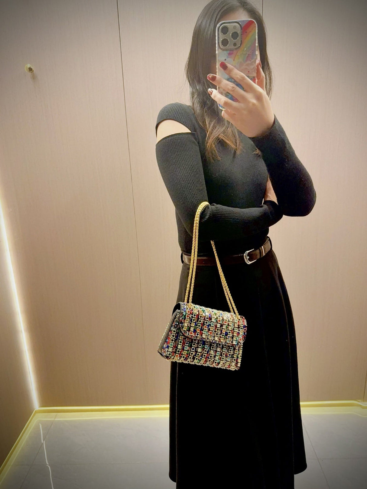 Liber Four Seasons ACC chain contrast color diamond underarm bag