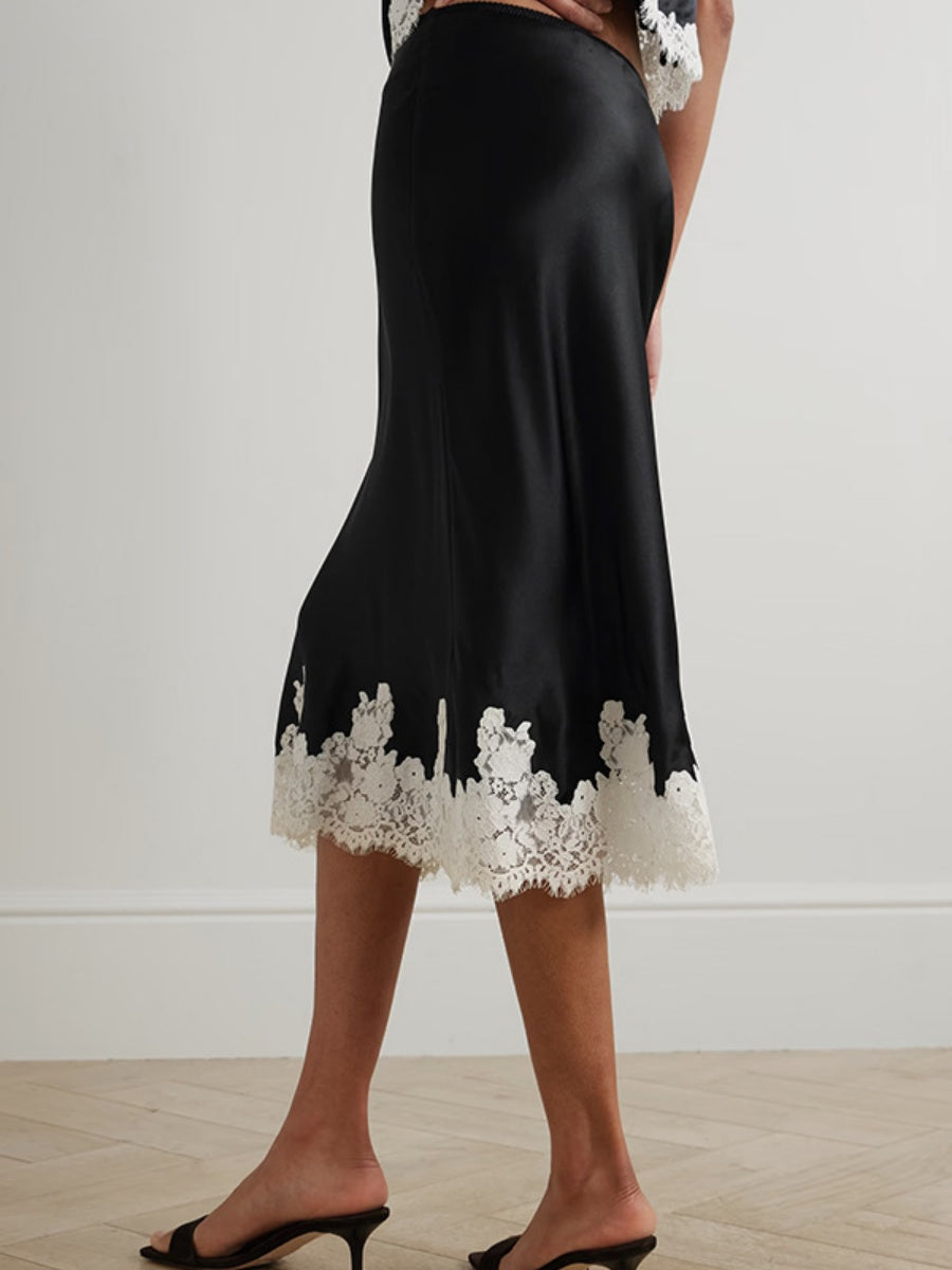 Lace Stitching Satin Camisoles Skirt 2-piece Sets