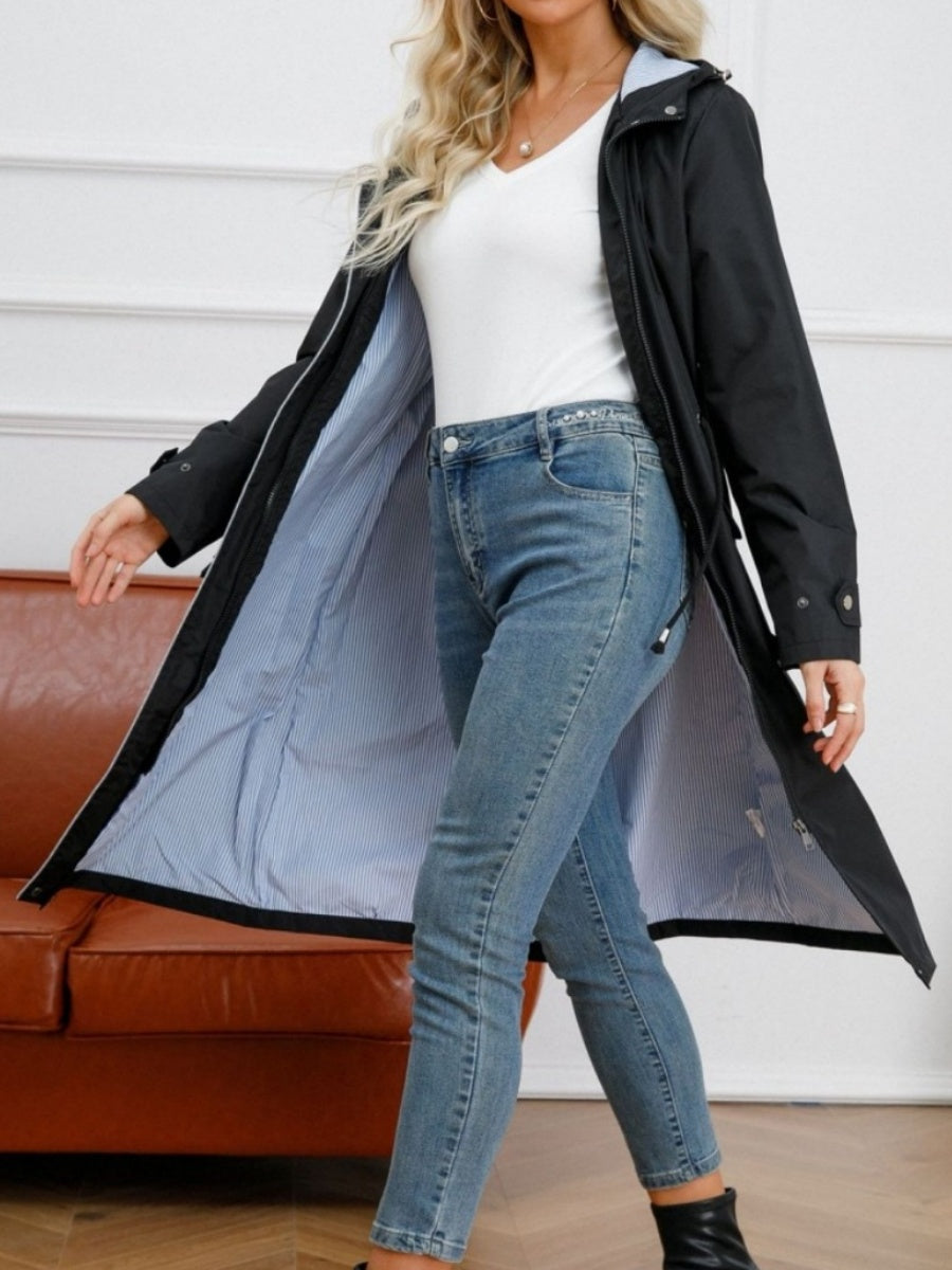 Leisure Water Proof Striped Lining Straight Zipper Hooded Jackets