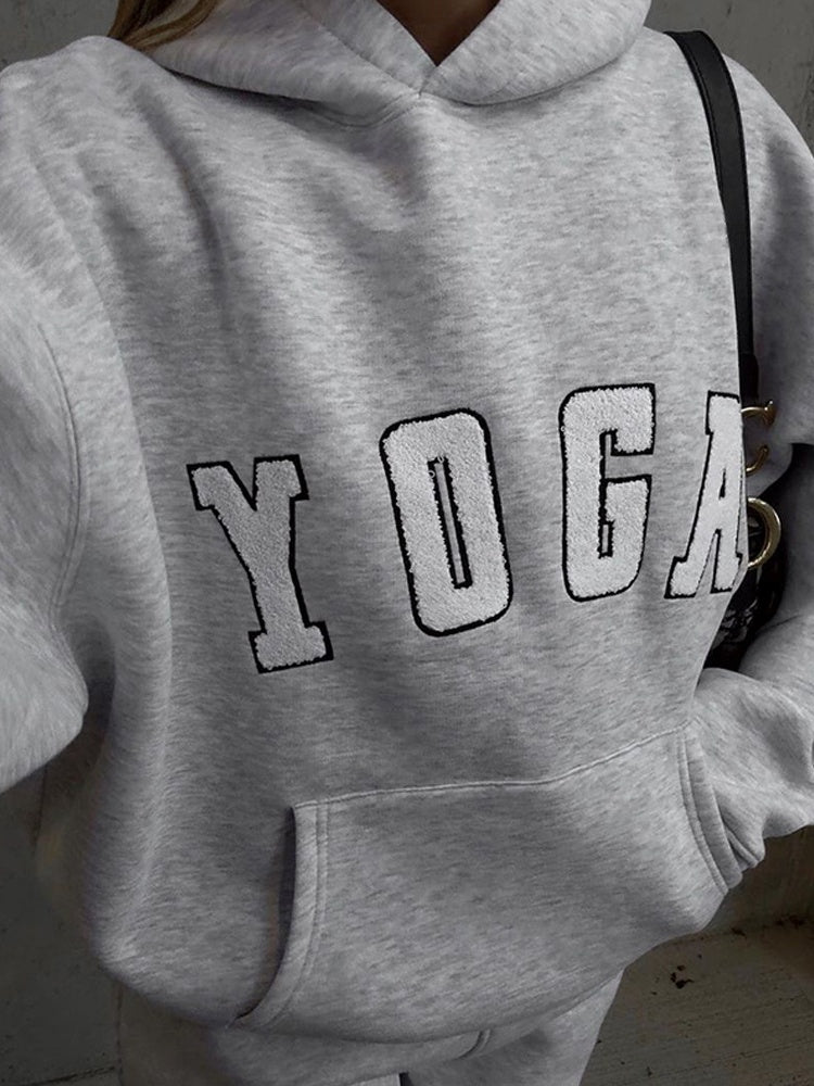 Grey Embroidered YOGA Letter Print Oversized Hooded Sweatshirt