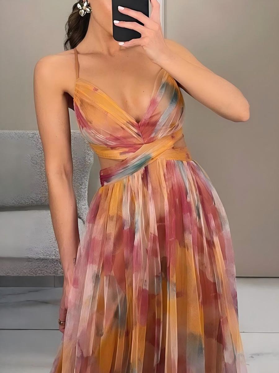 Mesh Floral Print Long Dress