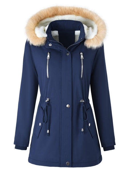 Mid-length Raincoat Water Proof Outdoor Drawstring Fur Collar Cotton-padded Jackets And Windbreakers