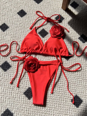 Solid Color Rose Drawstring Two-piece Swimsuit Bikini