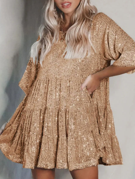 Sequins Crew Neck Loose Waist Short Sleeve Dress