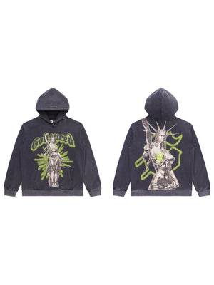 Rock Washed And Aged Printed Hooded Sweatshirt