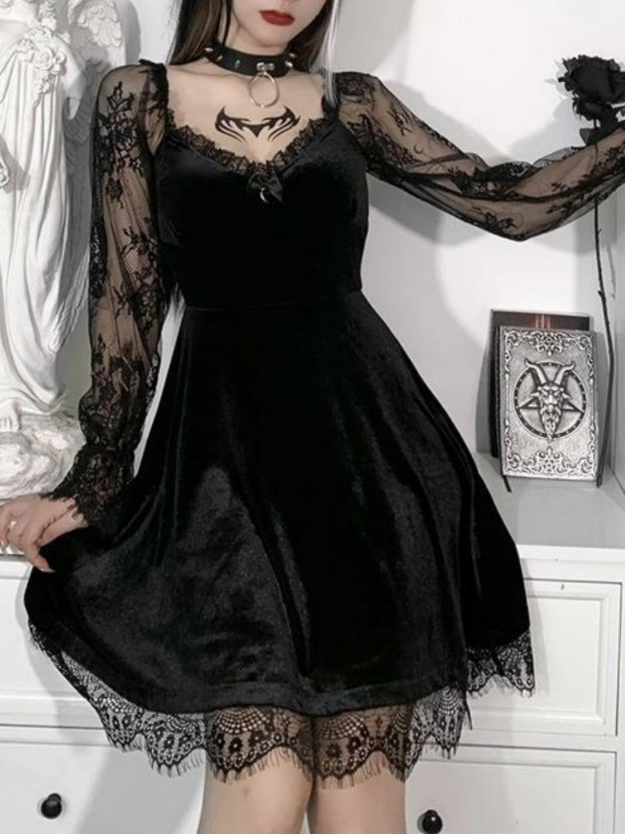Halloween Lace Velvet Long Sleeve Midi Dresses