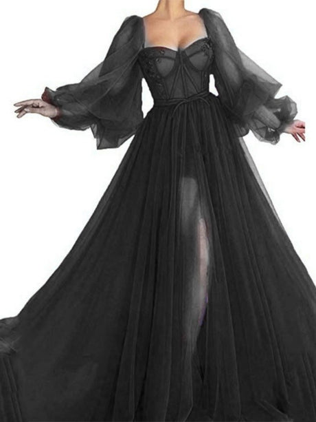 Herringbone Square Neckline With Mesh Slits And Wide Hem Maxi Dresses