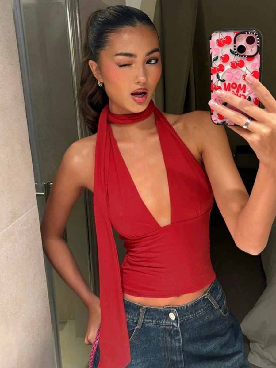 【SHIP AS USUAL】Deep V Backless Halter Jacket Tank Tops