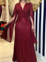 V-neck Hip-hugging Sequins Cloak Parties Maxi Dresses