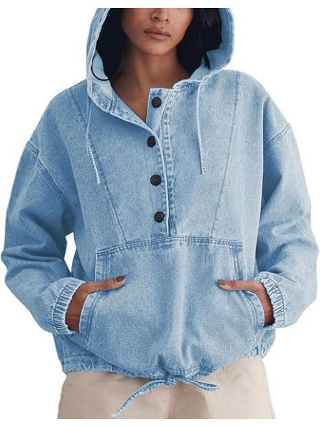 Button-up Pullover Denim Hoodie