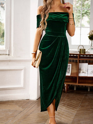 One-shoulder Collar Gathering Hip Velvet Maxi Dresses