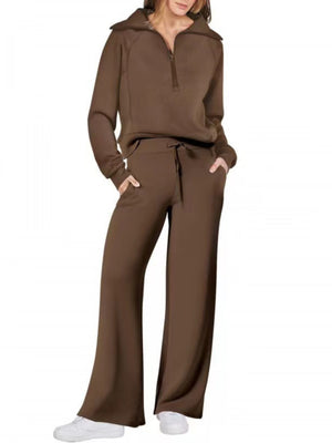 Women's Casual Sportswear Set: Zippered Long-Sleeved Sweatshirt And Wide-Leg Pants Two-Piece Set