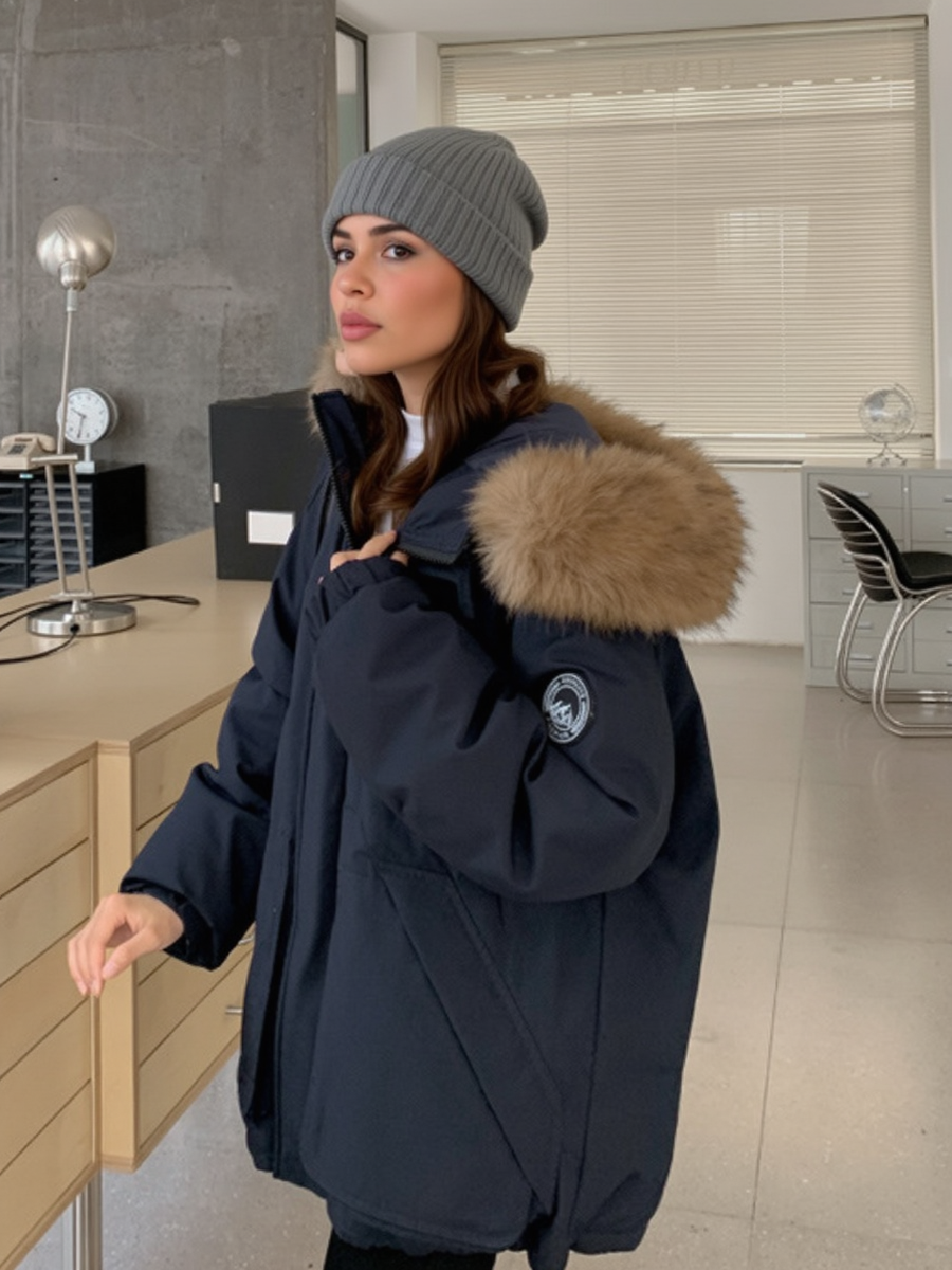 Zipper Version American Fleece Lined With Fur Collar Hooded Loose Leisure Outdoor Cotton-padded Clothing