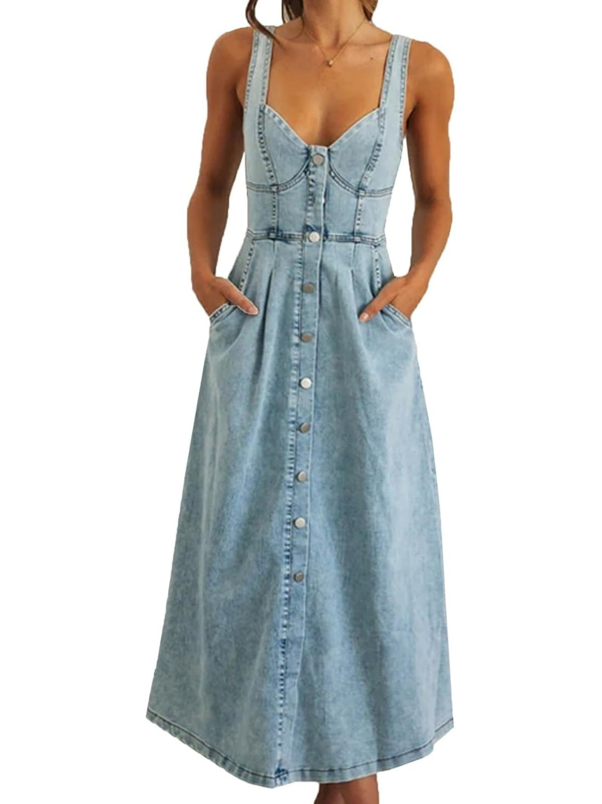 Blue Denim Distressed Overalls, Single-breasted Button Midi Dress