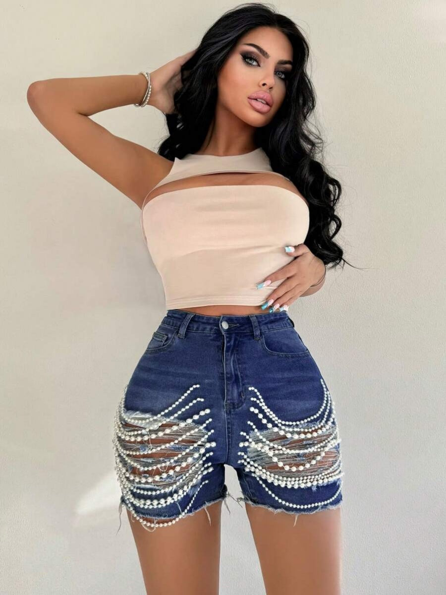 High-waisted, Slimming Pearl Chain Ripped Denim Shorts