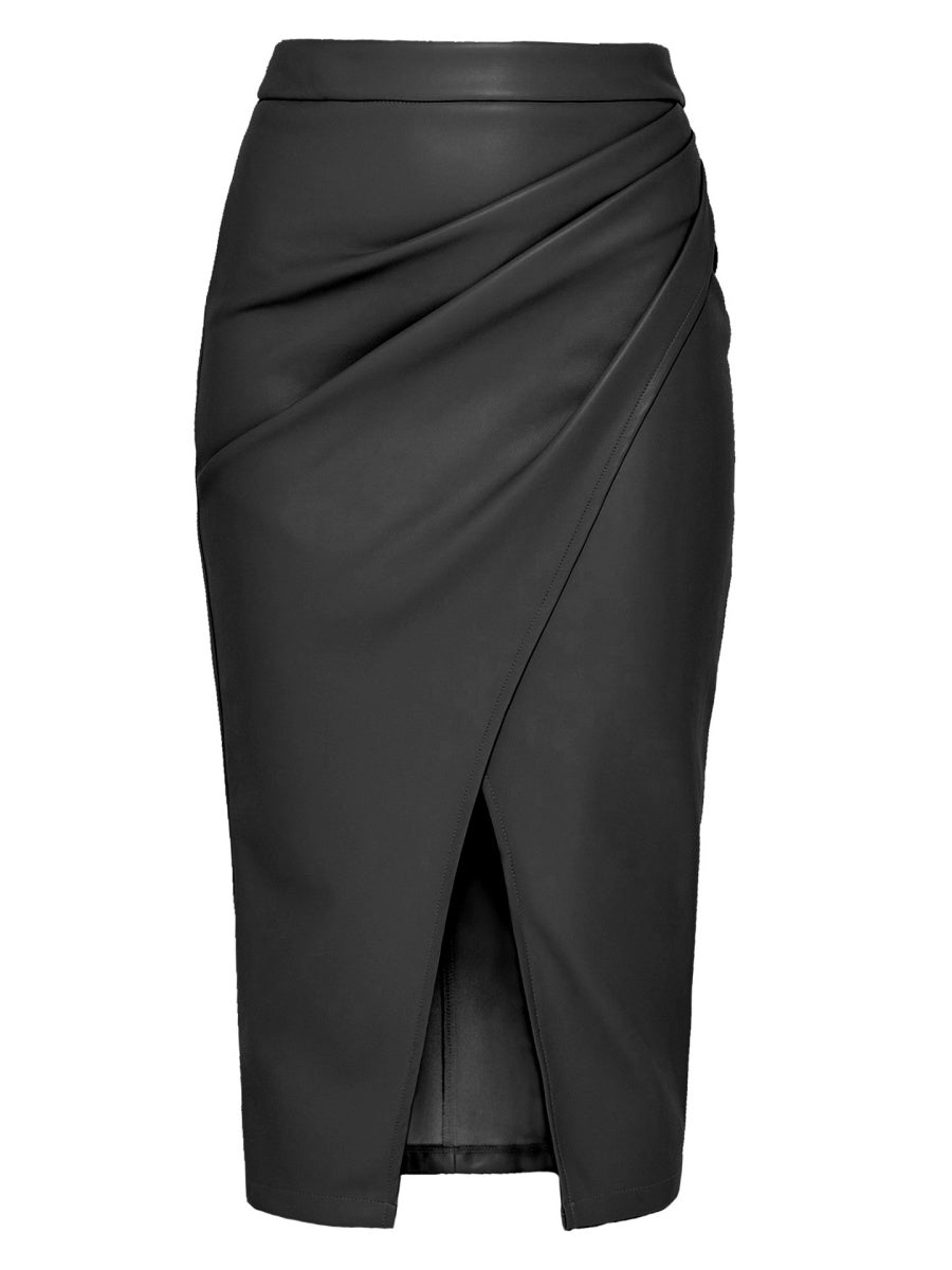 High Waist Zipper Pleats Hip Leather Skirts