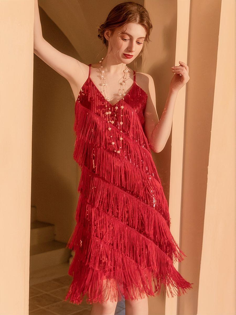 Black Sequins Tassel Spaghetti Strap Midi Dress