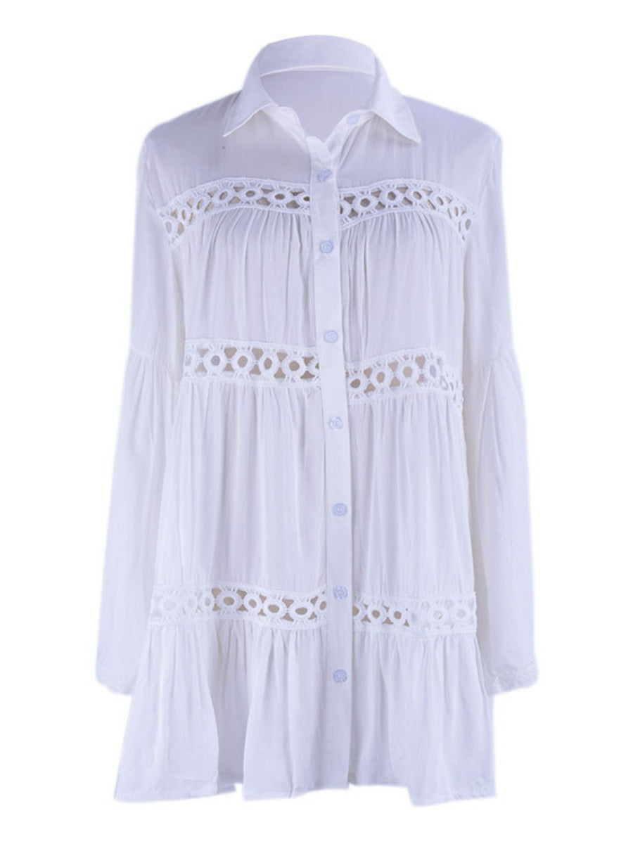 White Cotton Layered Lace-trimmed Shirt-style Flared Sleeve Beach Cover-up, Sun Protection Swimwear Jacket, Women's Cardigan