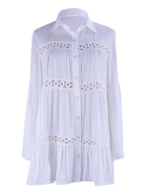 White Cotton Layered Lace-trimmed Shirt-style Flared Sleeve Beach Cover-up, Sun Protection Swimwear Jacket, Women's Cardigan
