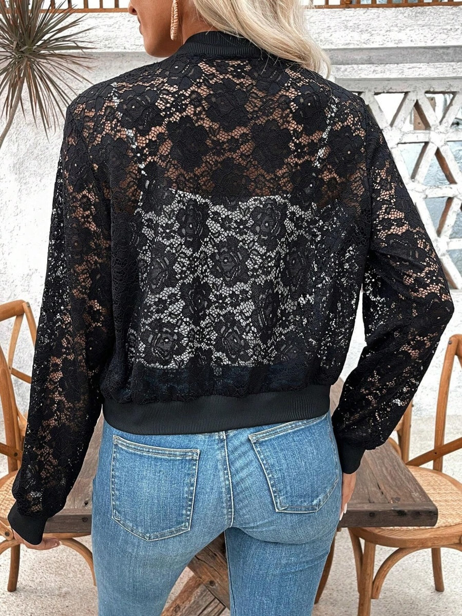 Short Lace Jacquard Lace Perspective Zipper Jacket Jackets
