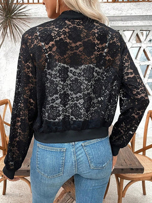 Short Lace Jacquard Lace Perspective Zipper Jacket Jackets