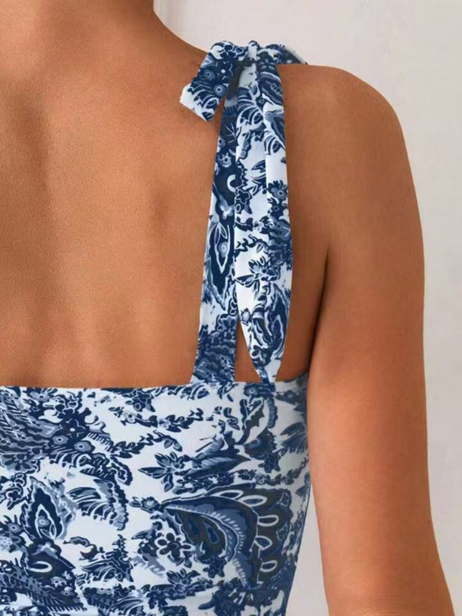 Ethnic-style Printed High-waisted Tie-up One-piece Swimsuit