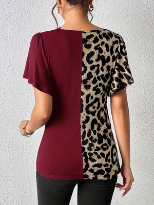 Splicing Stripes Asymmetrical Leopard Print T-shirts