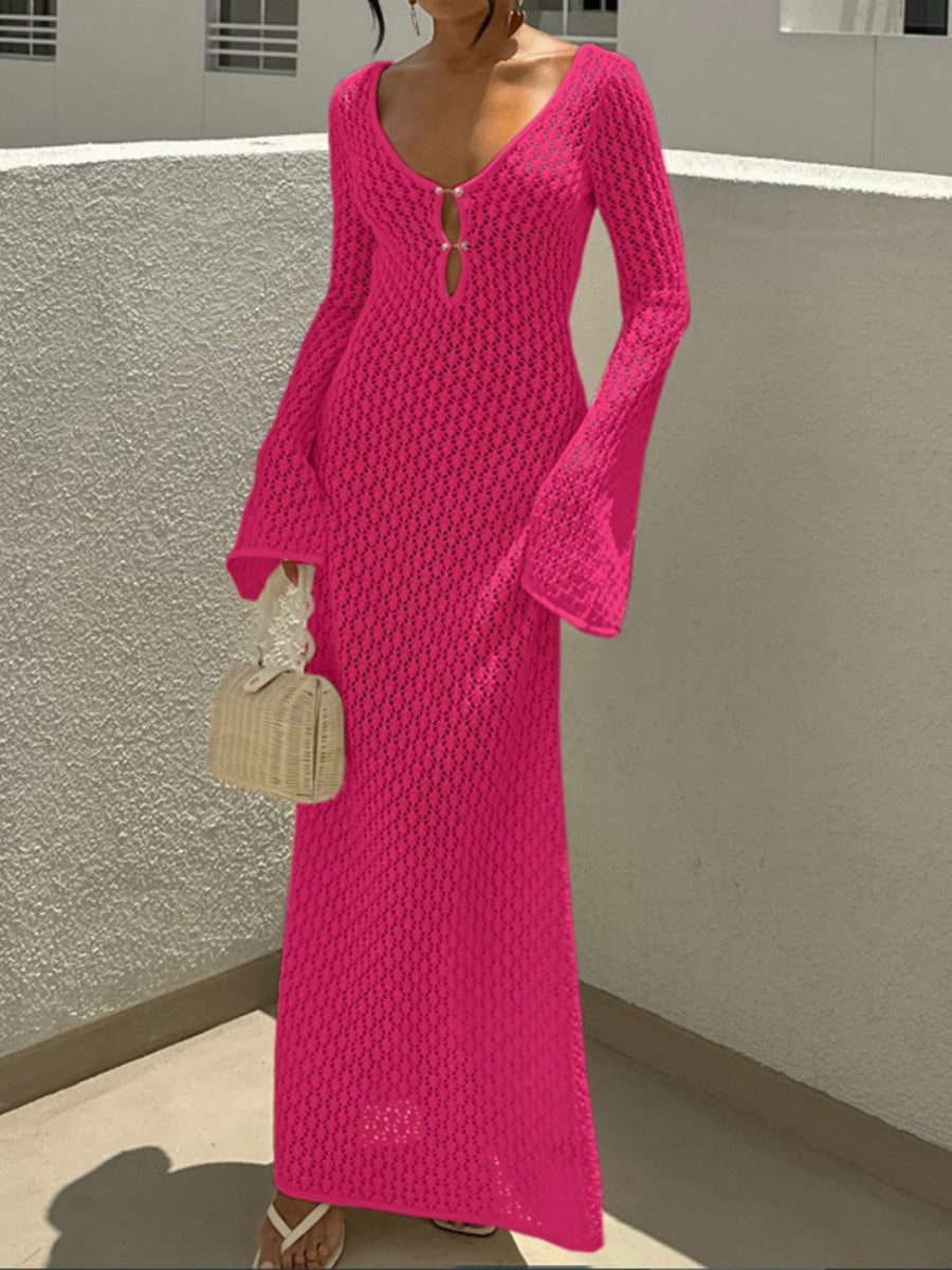 V-neck Round Button Long-sleeved Vacation Maxi Dress/beach Wear