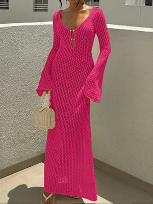 V-neck Round Button Long-sleeved Vacation Maxi Dress/beach Wear