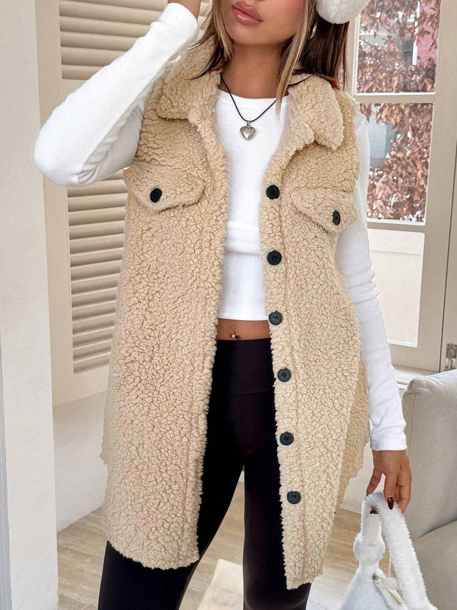 Solid Color Lapel Open Buckle Loose Temperament Commuting Imitation Lambskin Vests
