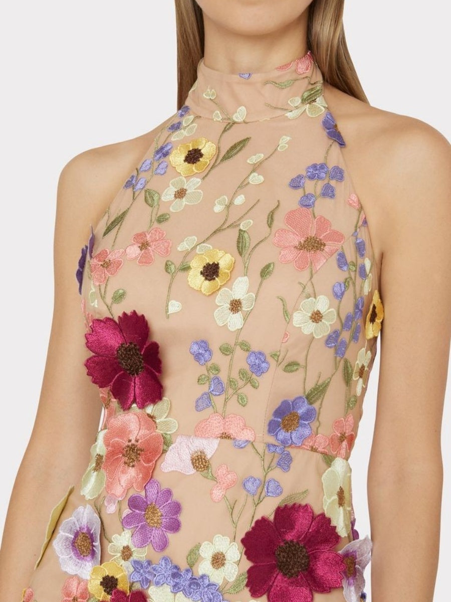 Bestickte 3D-Blumen-Neckholder-Minikleider &amp; kurze Kleider mit Figurformung