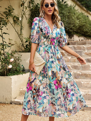 Waist-cinching Deep V-neck Floral Print Maxi Dresses