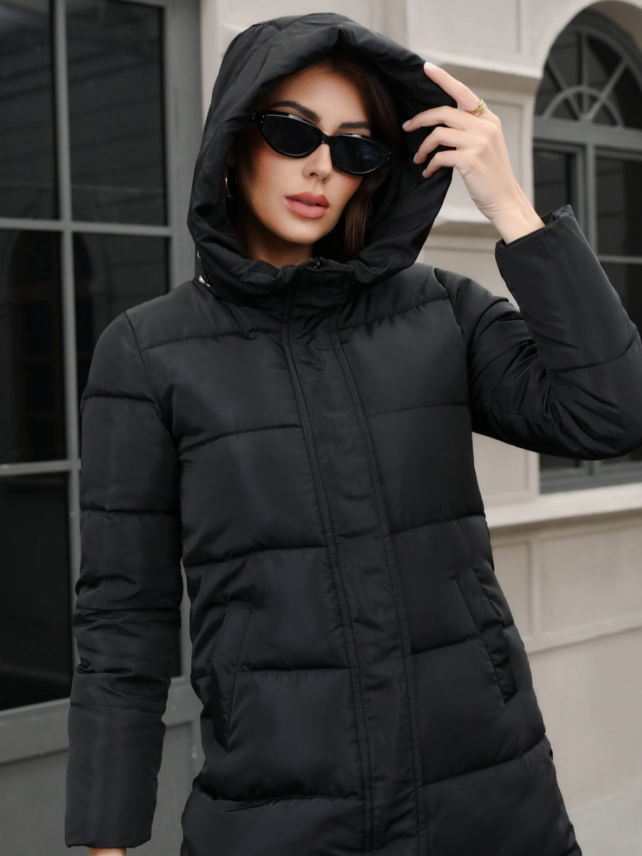 Black Hooded Thickening Slim-fit Long Down Jacket