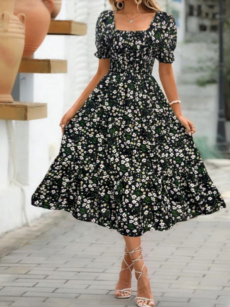 Floral Print Square Neckline And Puff Sleeves Maxi Dresses