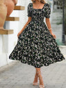 Floral Print Square Neckline And Puff Sleeves Maxi Dresses