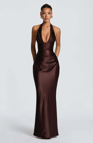 Halter Neck Deep V Long Dress With Pleats And Laces, Sexy Off-shoulder Design Maxi Dresses