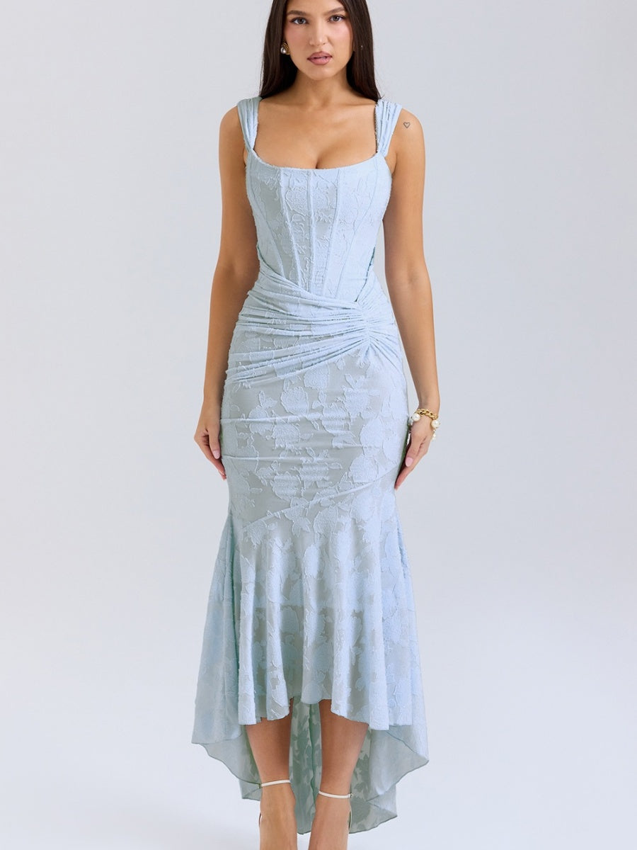 Floral Jacquard Fabric Boning Fishtail Maxi Dress