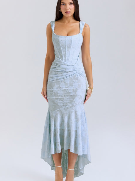 Floral Jacquard Fabric Boning Fishtail Maxi Dress