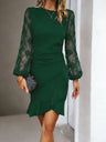 Lace-trimmed Puff Sleeves Ruffled Cross Hem Midi Dresses